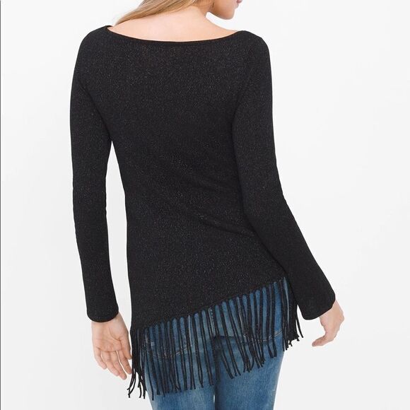 White House Black Market Fringe Black Metallic Asymmetrical Sweater - Picture 2 of 11